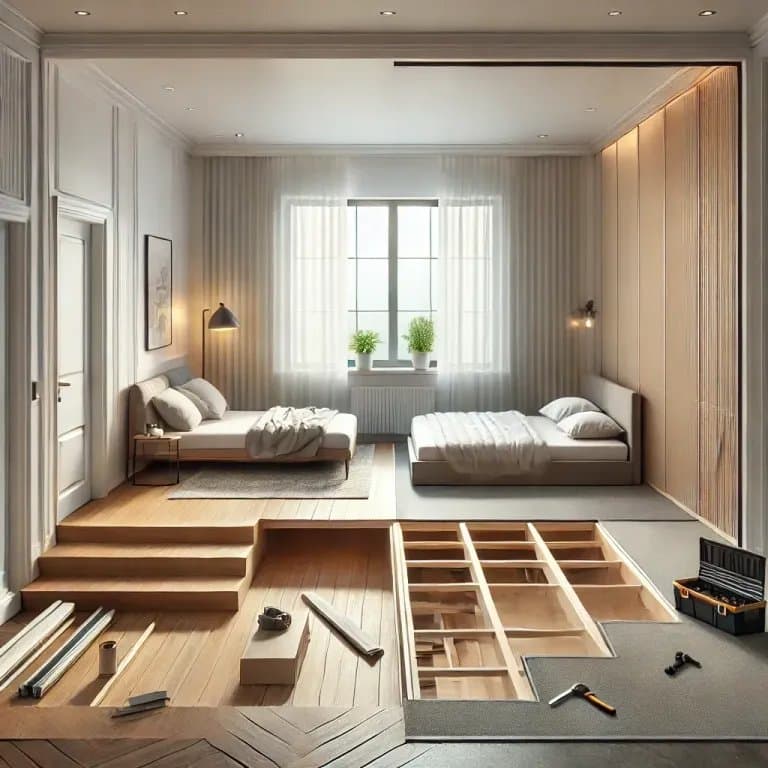 A reception room being converted into a bedroom, with a bed frame partway assembled and tools visible mid-renovation