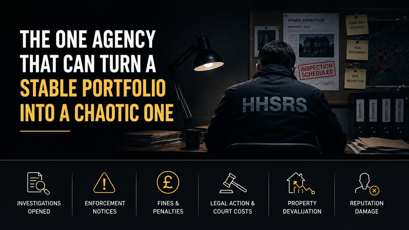An HHSRS inspection case file: investigations opened, enforcement notices, fines and penalties, legal action and court costs, property devaluation, and reputation damage